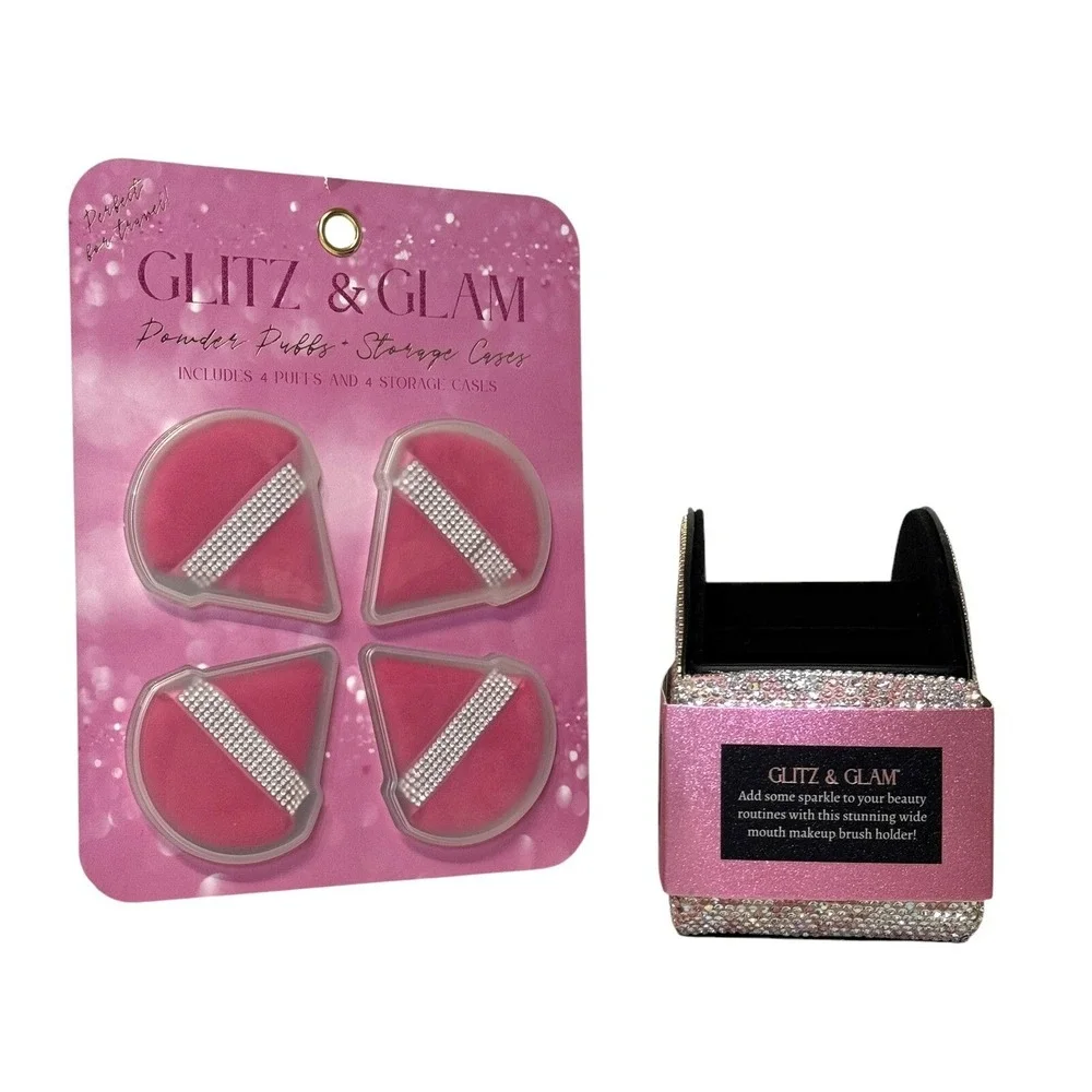 Glitz & Glam Pink Rhinestone Makeup Brush Holder and 4pc Powder Puff‎ Set NEW